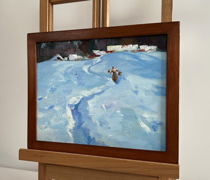 Oil painting Along the Snowy Paths by Yuriy Suprunchuk, solitary figure in blue snowy landscape