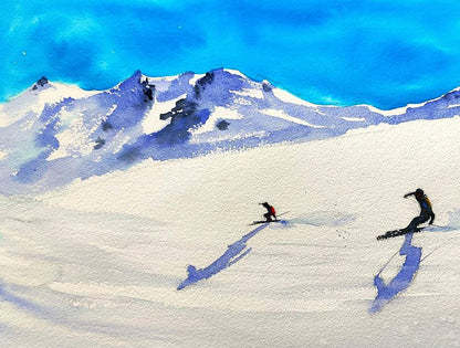 Watercolor painting Skiing Down the Winter Mountains Olena Klimenko