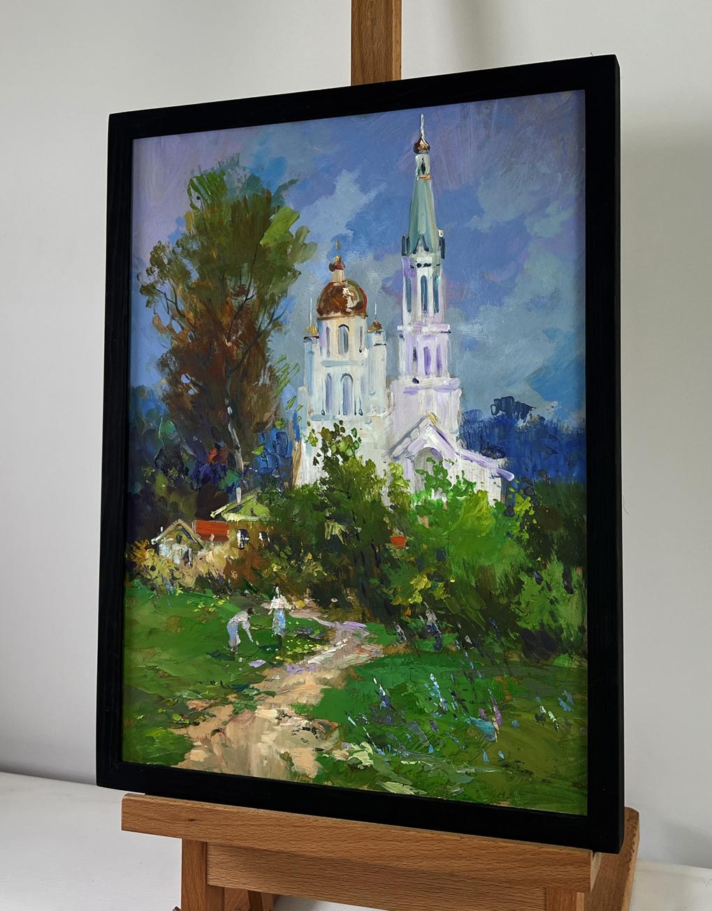 Oil painting of church under shining sky by Yuri Suprunchuk in black frame