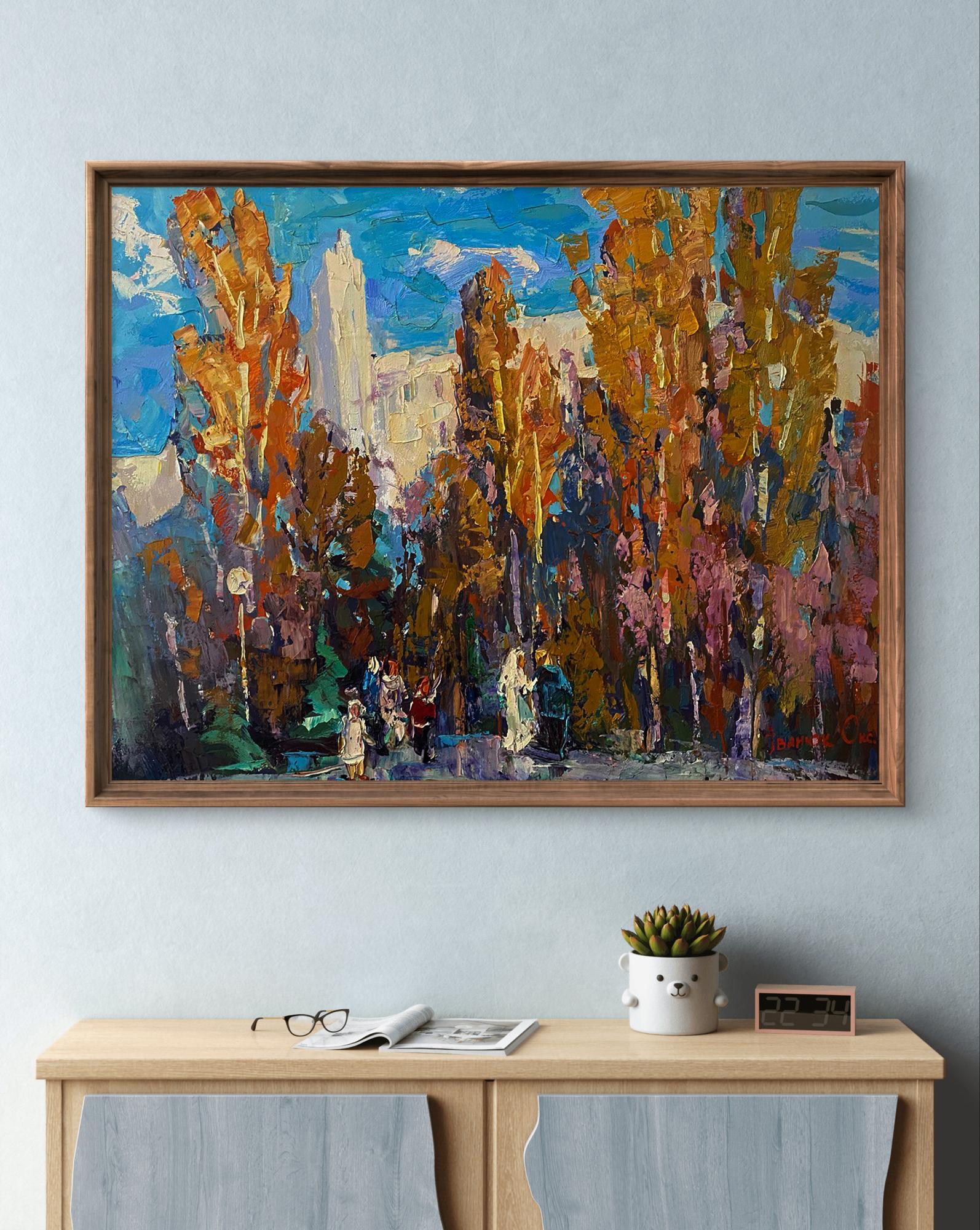 Vibrant impressionist oil painting At the Obelisk by Oksana Ivanyuk in wooden frame