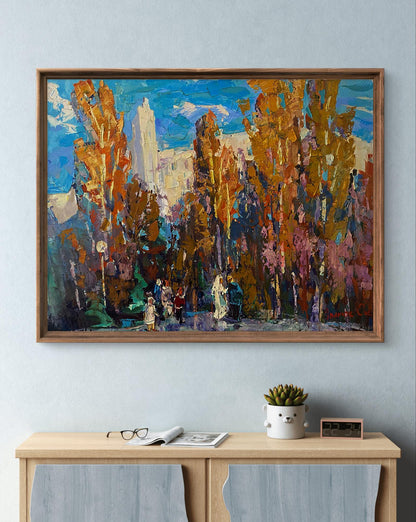 Vibrant impressionist oil painting At the Obelisk by Oksana Ivanyuk in wooden frame