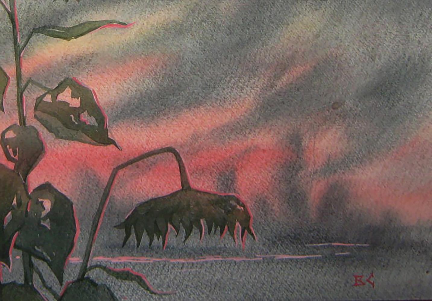 Watercolor painting of withered sunflower stalk at sunset by Valery Savenets