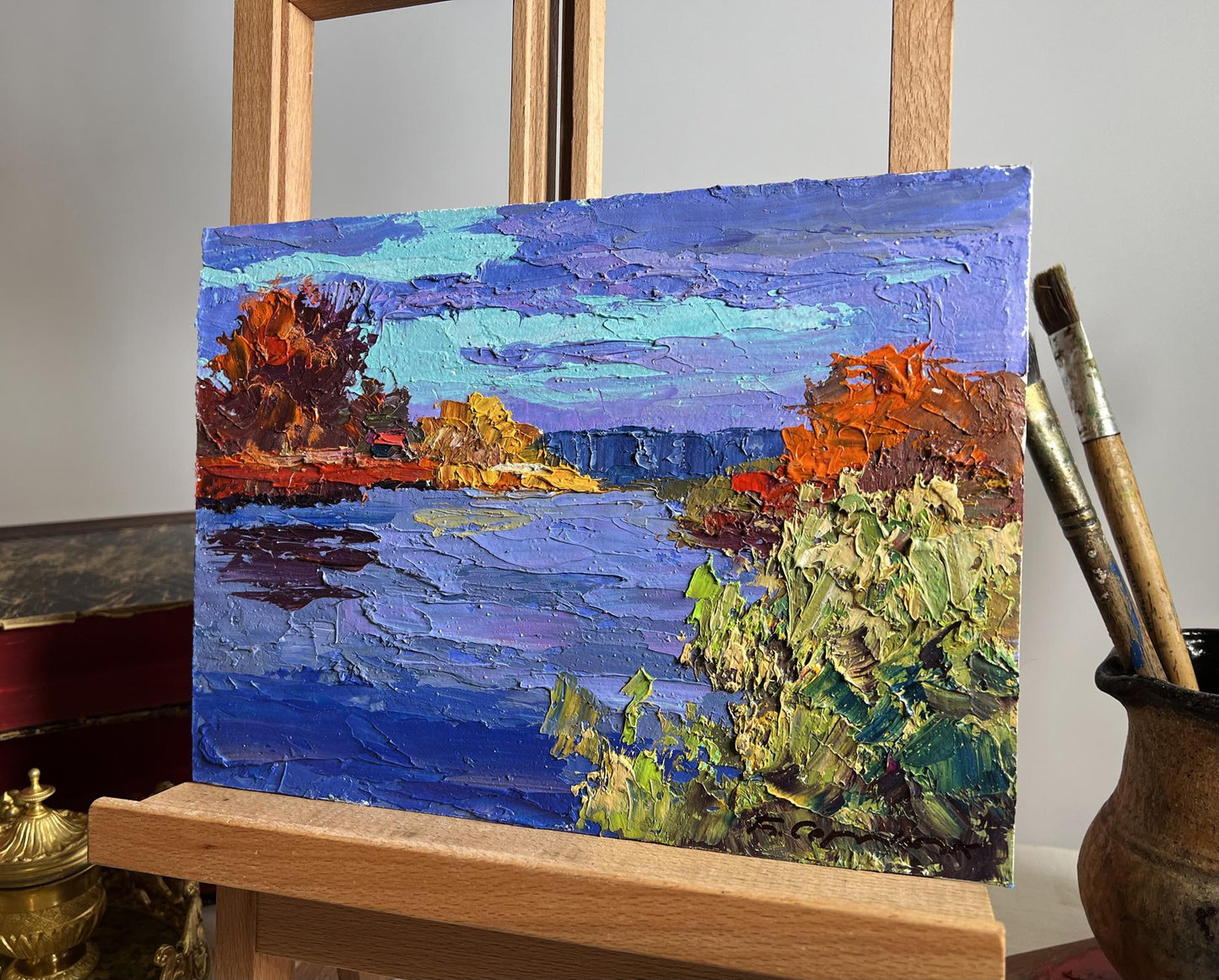 Oil painting Evening on the river by Boris Serdyuk, vibrant impressionist impasto