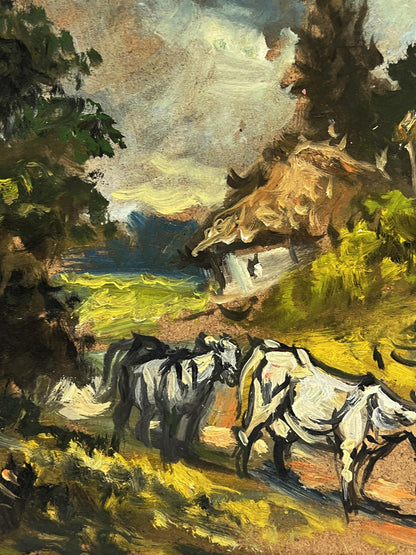 Oil painting of rustic thatched cottage and village cows in green hills by Alexander Litvinov
