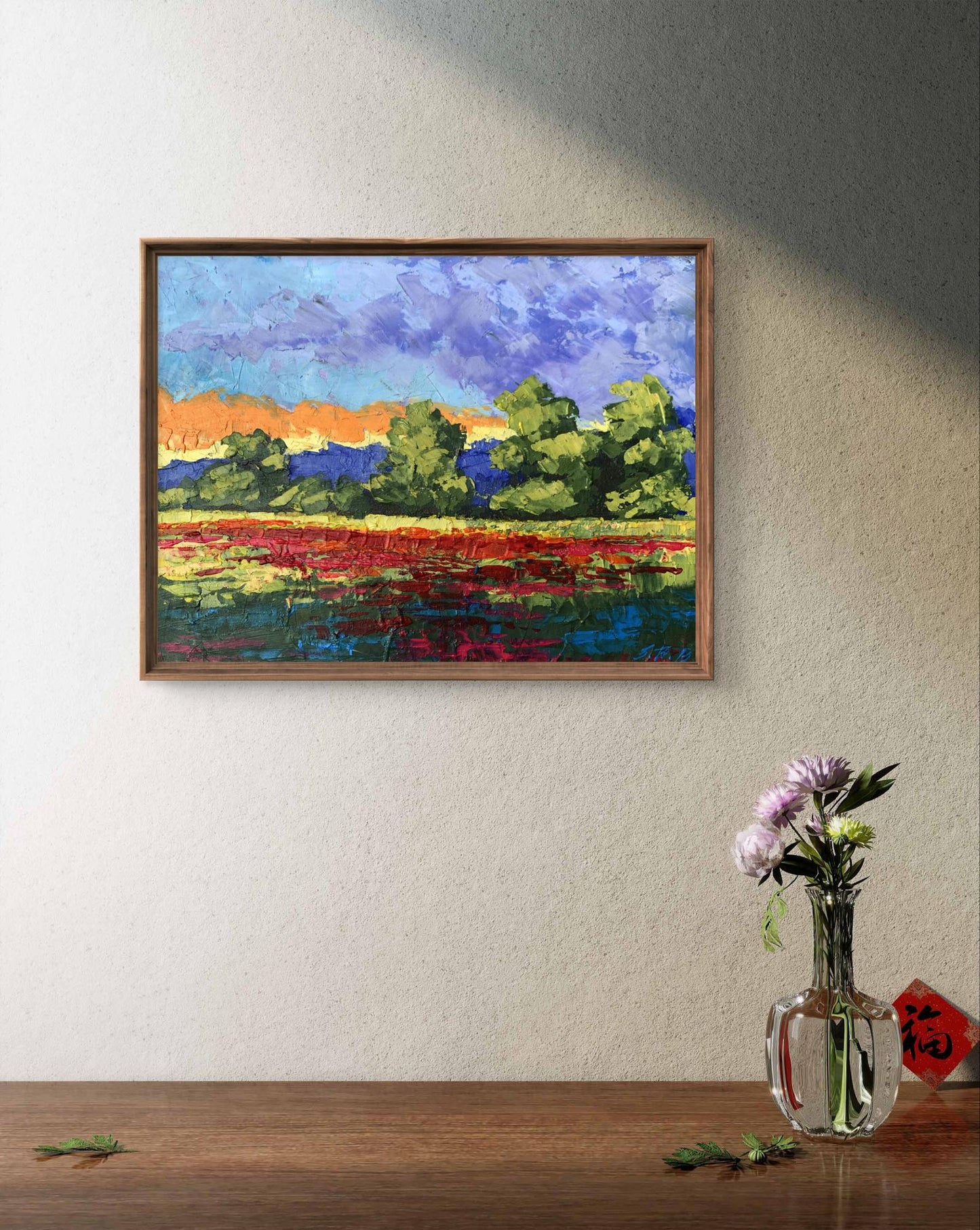 Oil painting Orange glow V. Zadorozhnya vibrant impressionist landscape in wooden frame