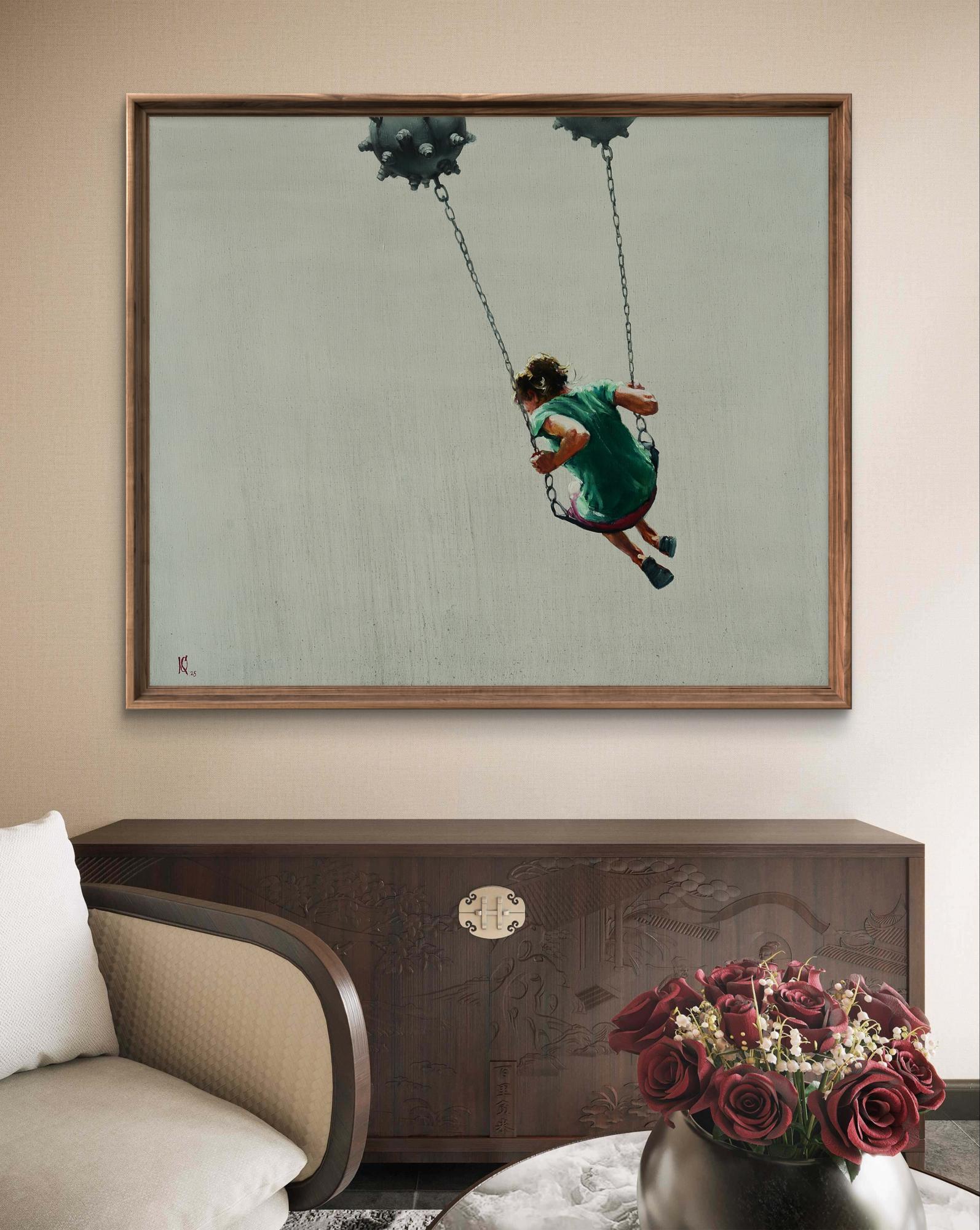 Oil painting by Oleg Kateryniuk: child in green dress on spiked chain swing