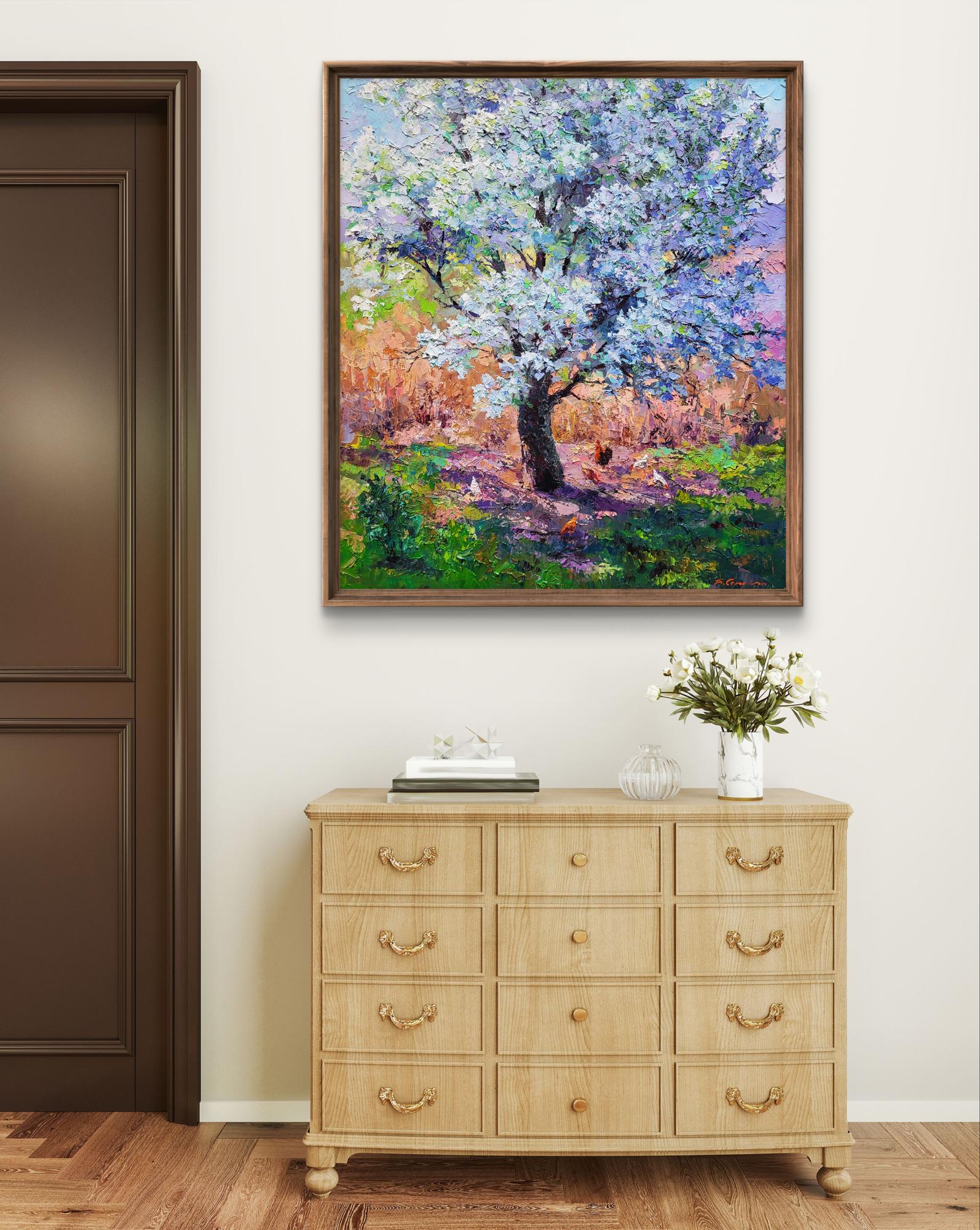 Oil painting of Pear blossoms by Boris Serdyuk on dresser
