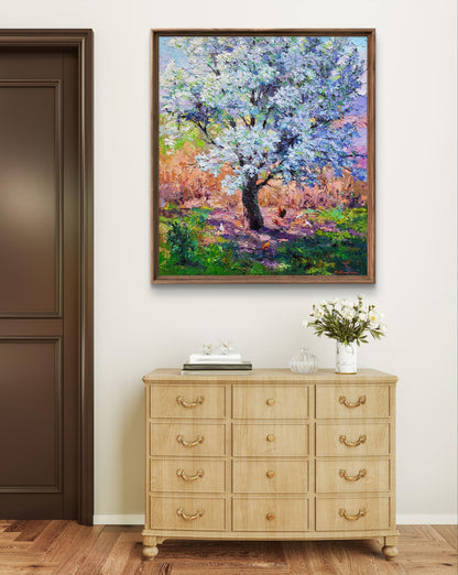 Oil painting of Pear blossoms by Boris Serdyuk on dresser