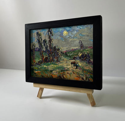 Oil painting Moonlight night by Oksana Ivanyuk on wooden easel