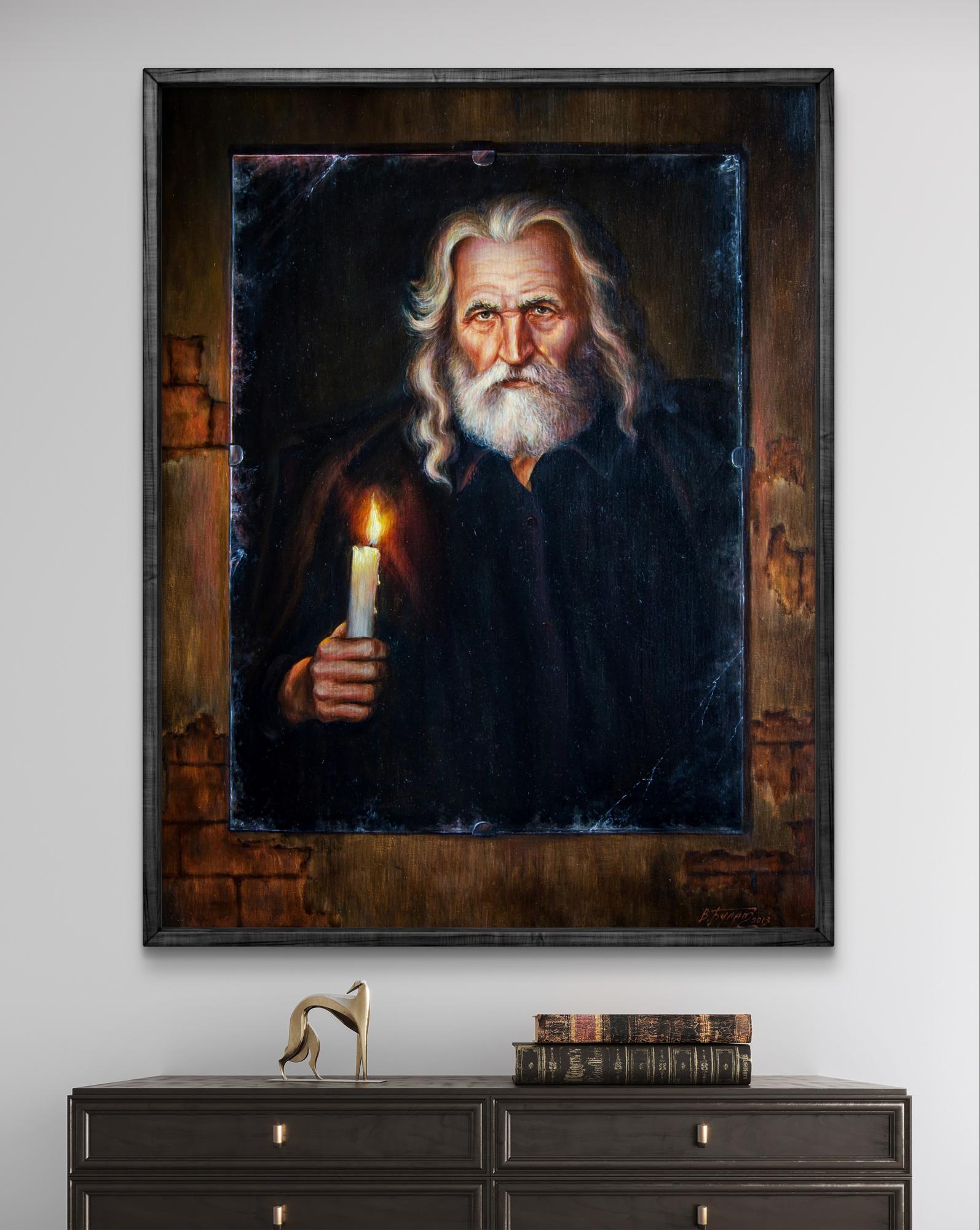 Framed oil painting Old Mirror Valeriy Bulat bearded man with candle