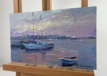 Oil painting Yacht in evening sky colors by Boris Serdyuk