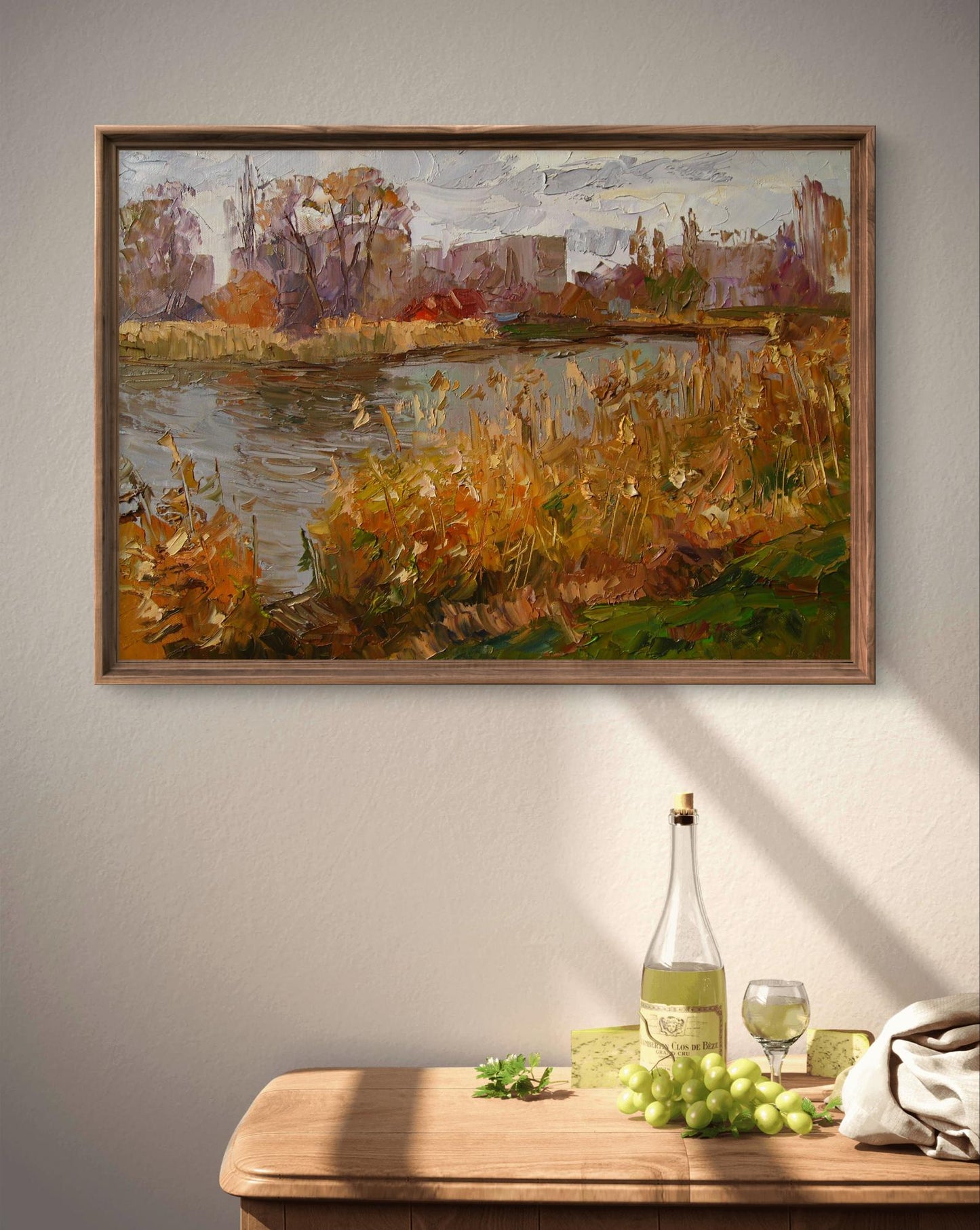 Oil painting Autumn river by Boris Serdyuk in rustic wooden frame