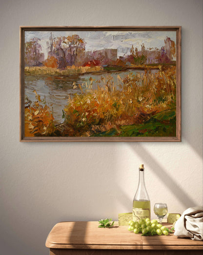 Oil painting Autumn river by Boris Serdyuk in rustic wooden frame