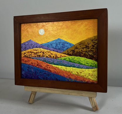 Oil painting by V. Zadorozhnya: hills, mountains, orange sky, moon in dark wood frame