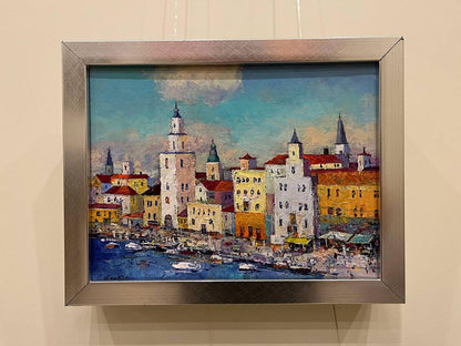 Framed oil painting of colorful Italian coastal town by Serhiy Rybak