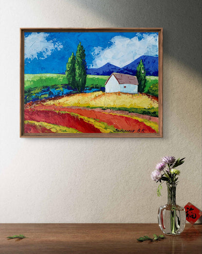 Oil painting House in the mountains by V. Zadorozhnya, vibrant countryside scene