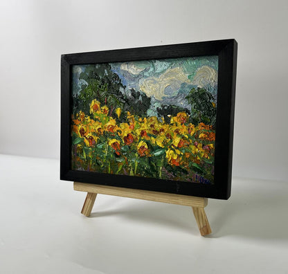 Oil painting Sunflowers field by Oksana Ivanyuk on wooden easel