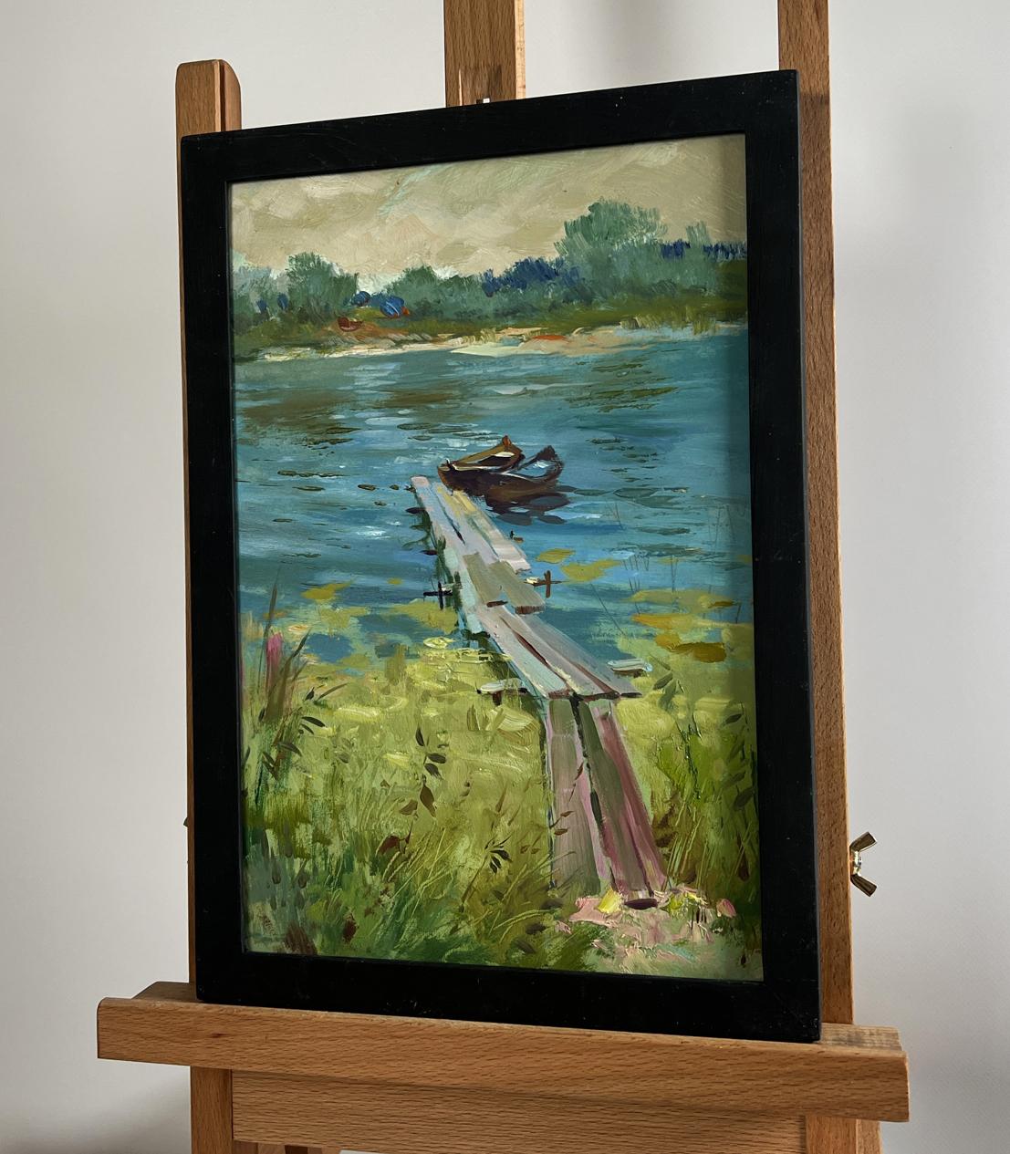 Framed oil painting Boats at rest by the river by Yuriy Suprunchuk