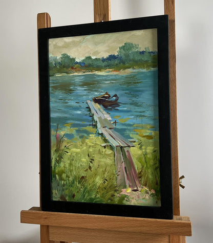 Framed oil painting Boats at rest by the river by Yuriy Suprunchuk