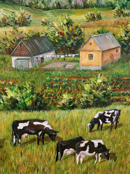 Oil painting of black and white dairy cows grazing in sunlit green pasture by Oksana Sklym