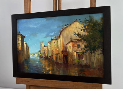 Oil painting City on the Water by Yuriy Suprunchuk in black frame