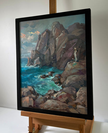 Oil painting Rocks off the coast by Yuriy Suprunchuk, coastal cliffs and waves