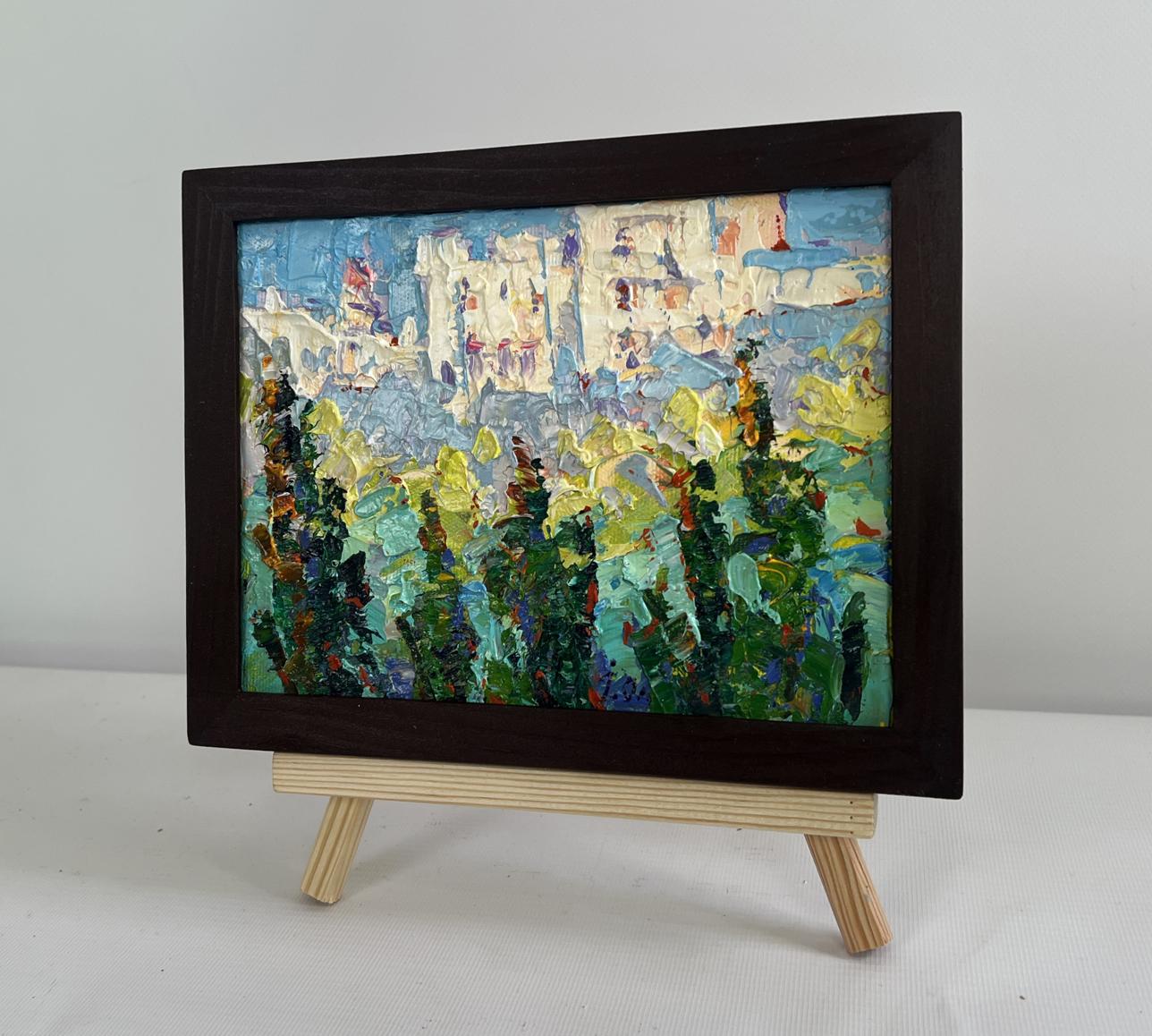 Oil painting Sunny summer city by Oleksiy Ivanyuk, town with foliage