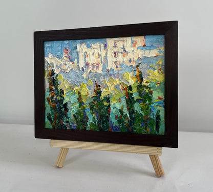 Oil painting Sunny summer city by Oleksiy Ivanyuk, town with foliage