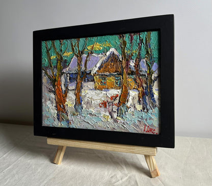 Oil painting The yard was covered with snow by Oksana Ivanyuk in black frame