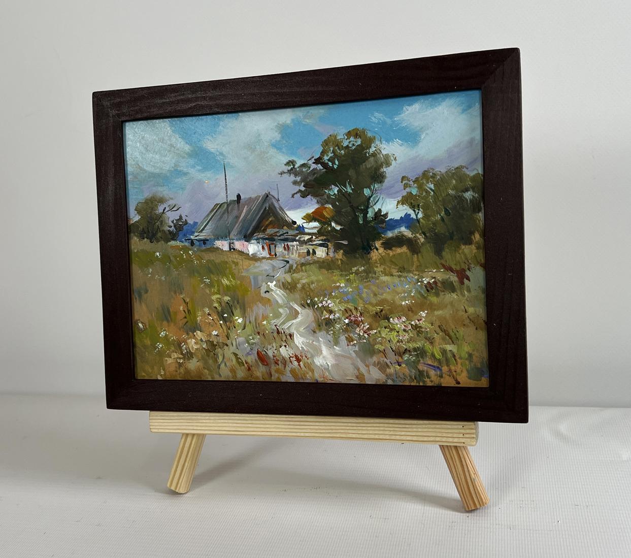 Rustic oil painting of wild flowers near house by Yuriy Suprunchuk in wooden frame