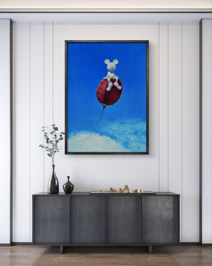 Framed oil painting of white mouse on red balloon by Oleg Kateryniuk