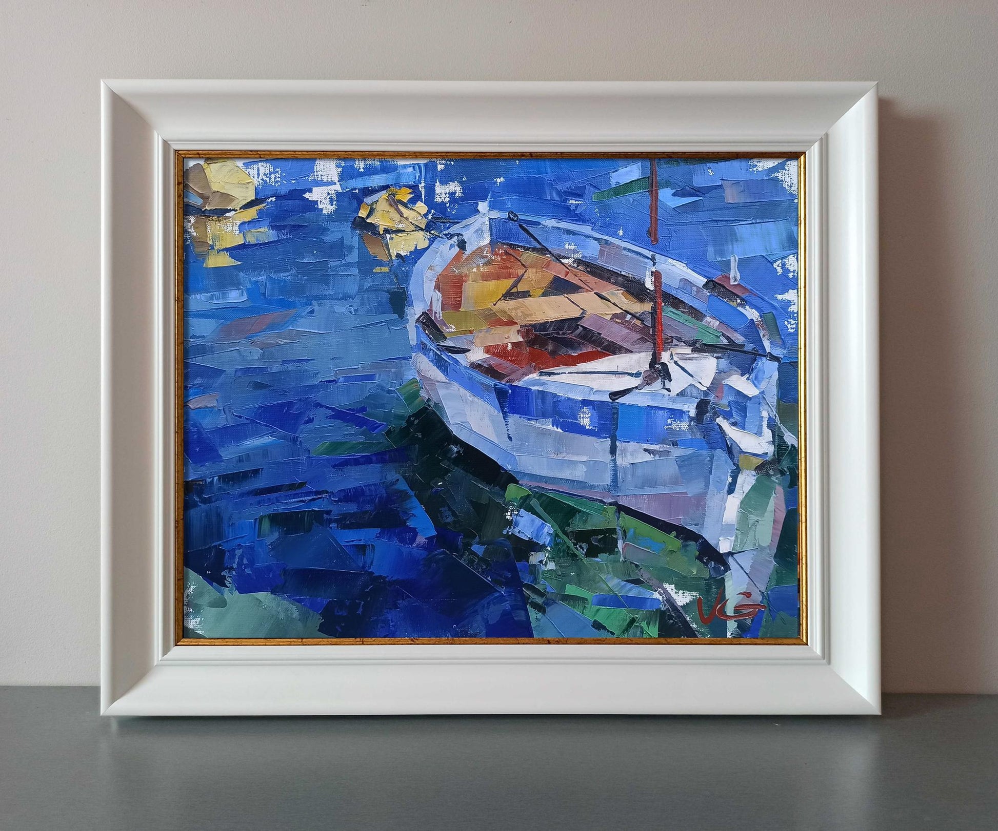 Oil painting Emerald Volodymyr Gluhomanyuk: abstract boat on blue water