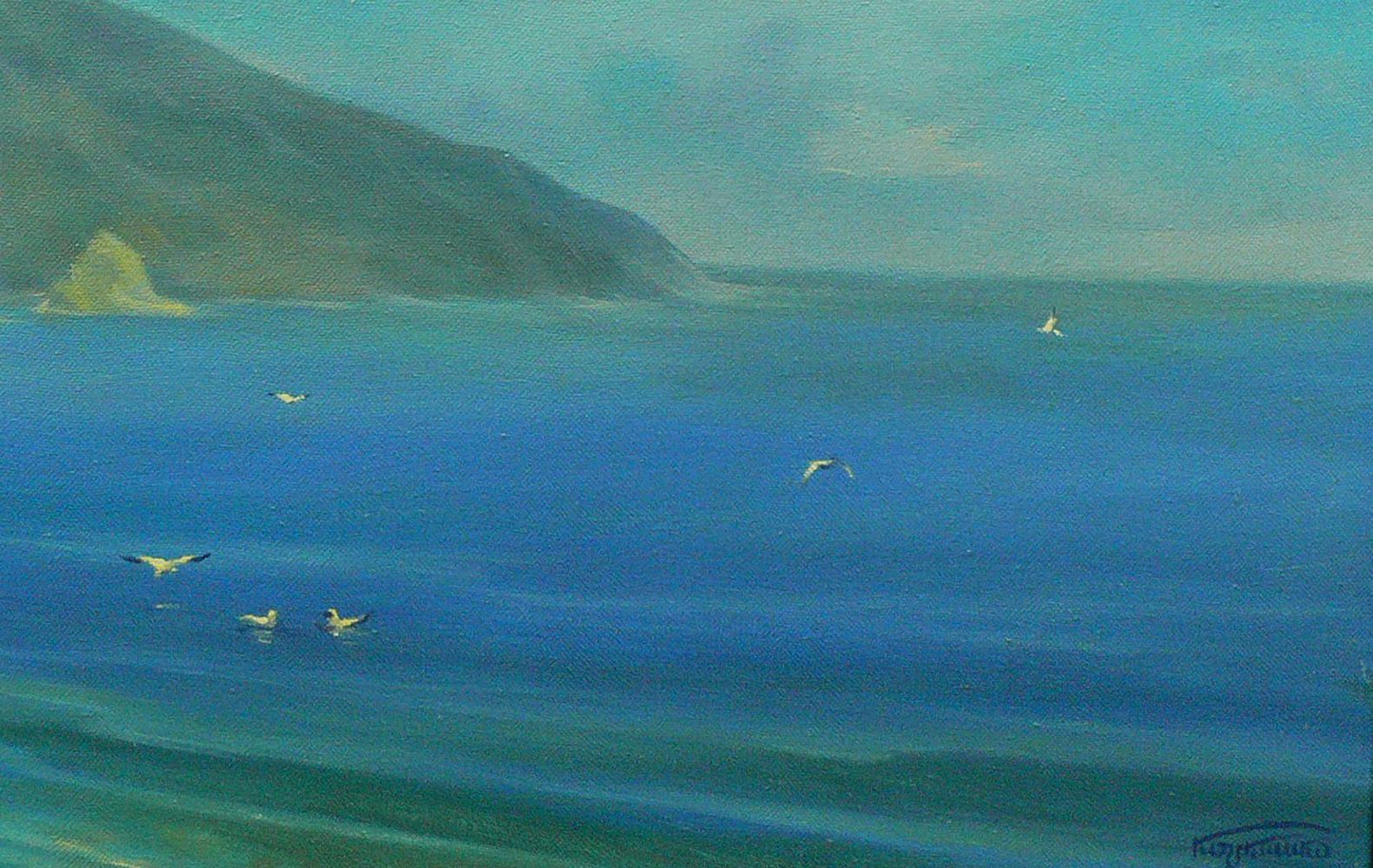 Oil painting by Vasily Korkishko: serene coastal landscape with ocean, hills, gulls