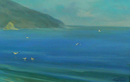 Oil painting by Vasily Korkishko: serene coastal landscape with ocean, hills, gulls