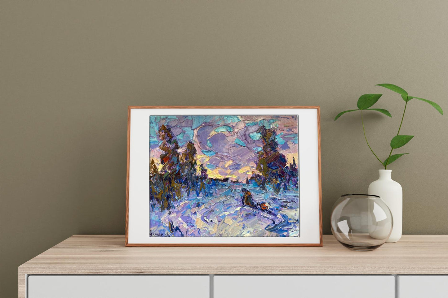 Oil painting Evening Alex Ivanyuk: snowy landscape in purple teal twilight