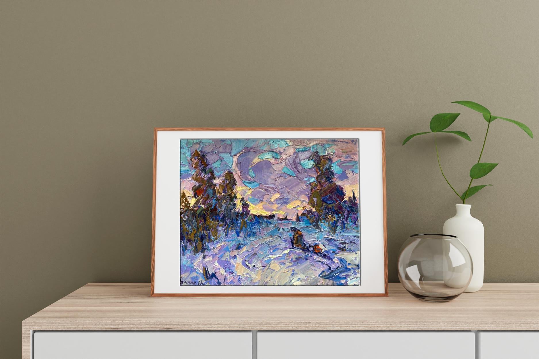 Oil painting Evening Alex Ivanyuk: snowy landscape in purple teal twilight