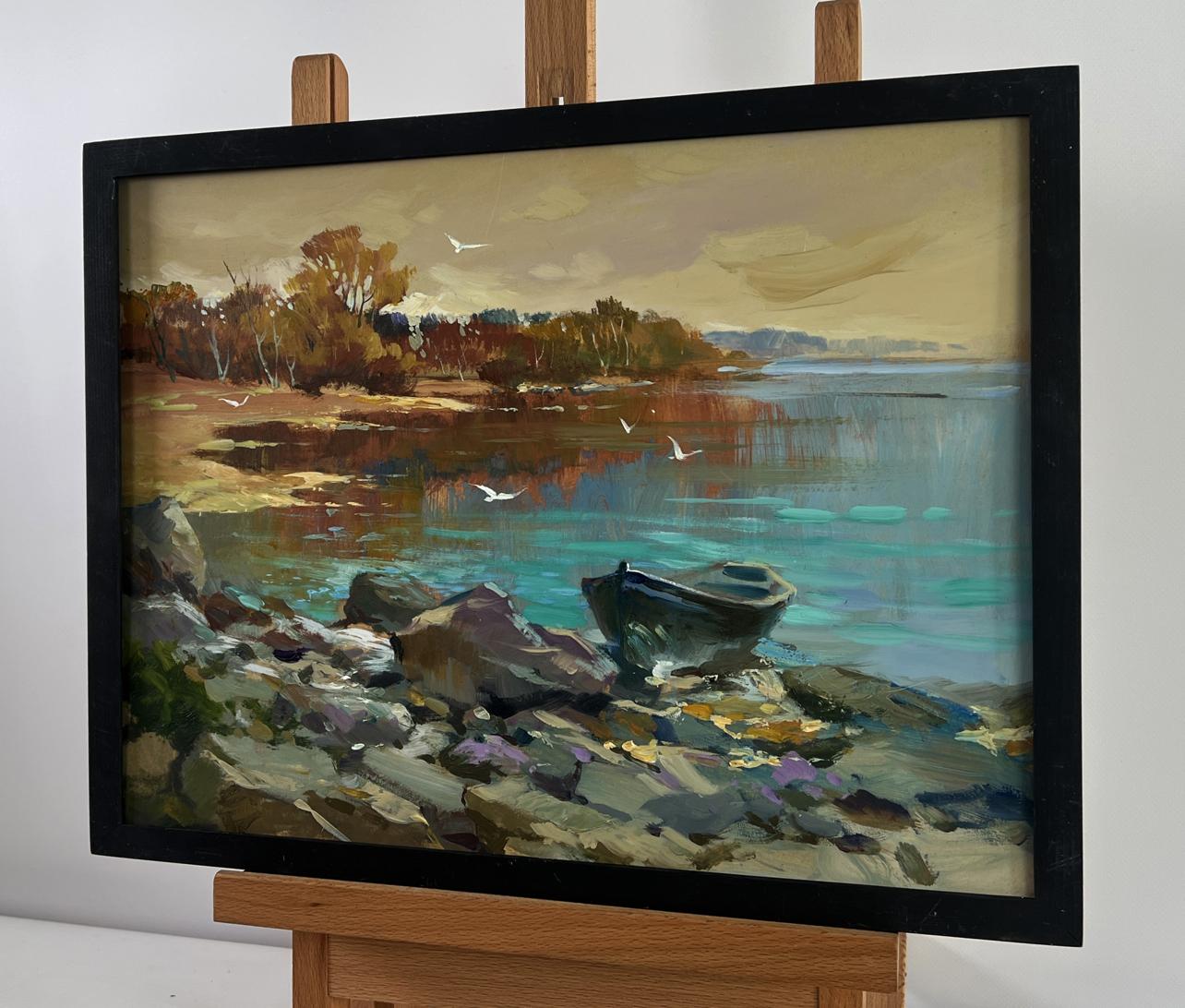 Framed oil painting by Yuriy Suprunchuk: birds over serene lakeside with boat