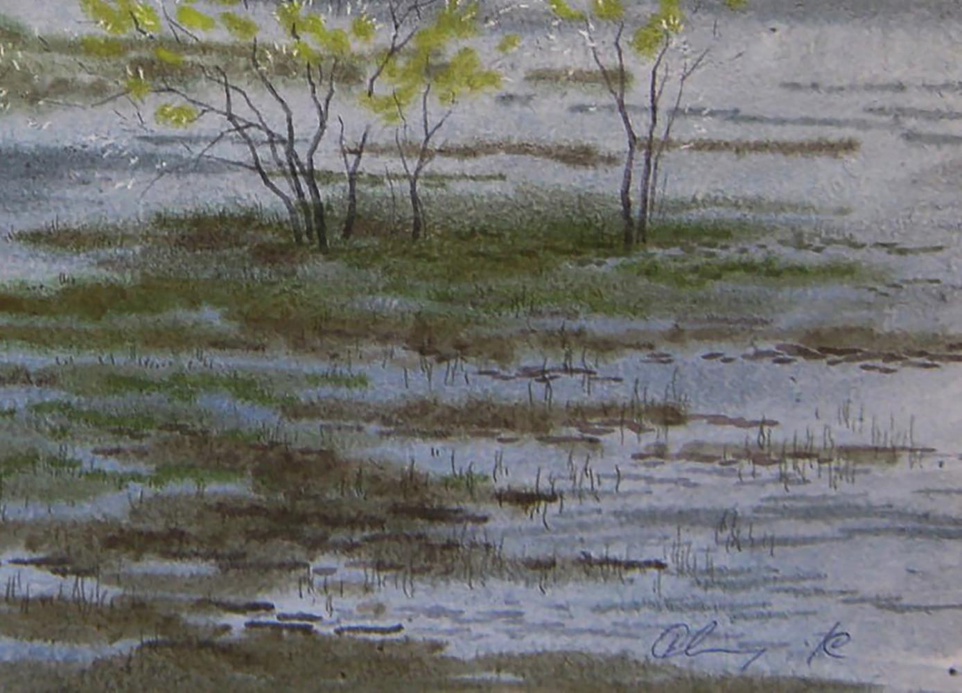 Watercolor painting The river rose in the field by Valery Savenets marsh landscape
