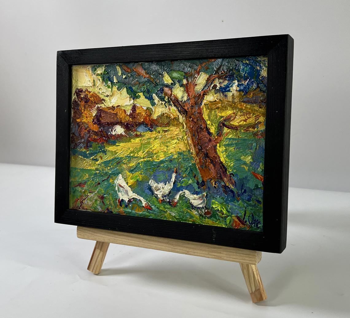 Vibrant impressionist oil painting In the shade of the trees by Oksana Ivanyuk, geese under tree in black frame