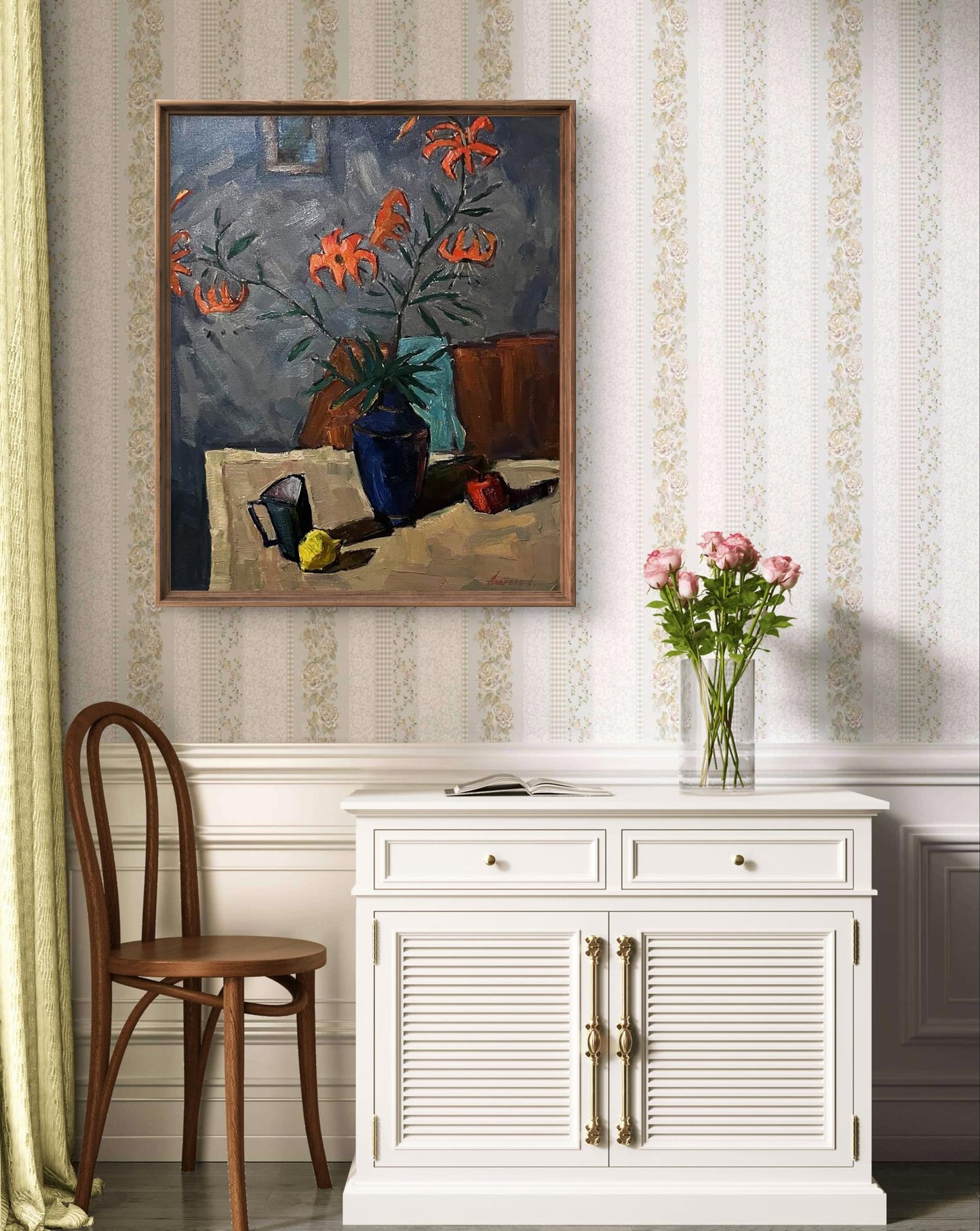 Oil painting Lilies by Oleksandr Andreev with orange lilies in blue vase