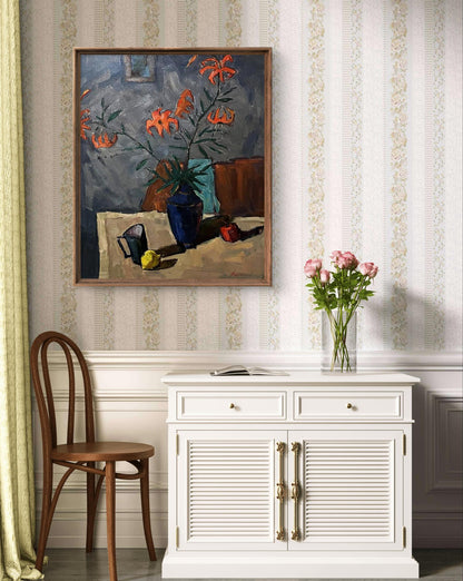 Oil painting Lilies by Oleksandr Andreev with orange lilies in blue vase