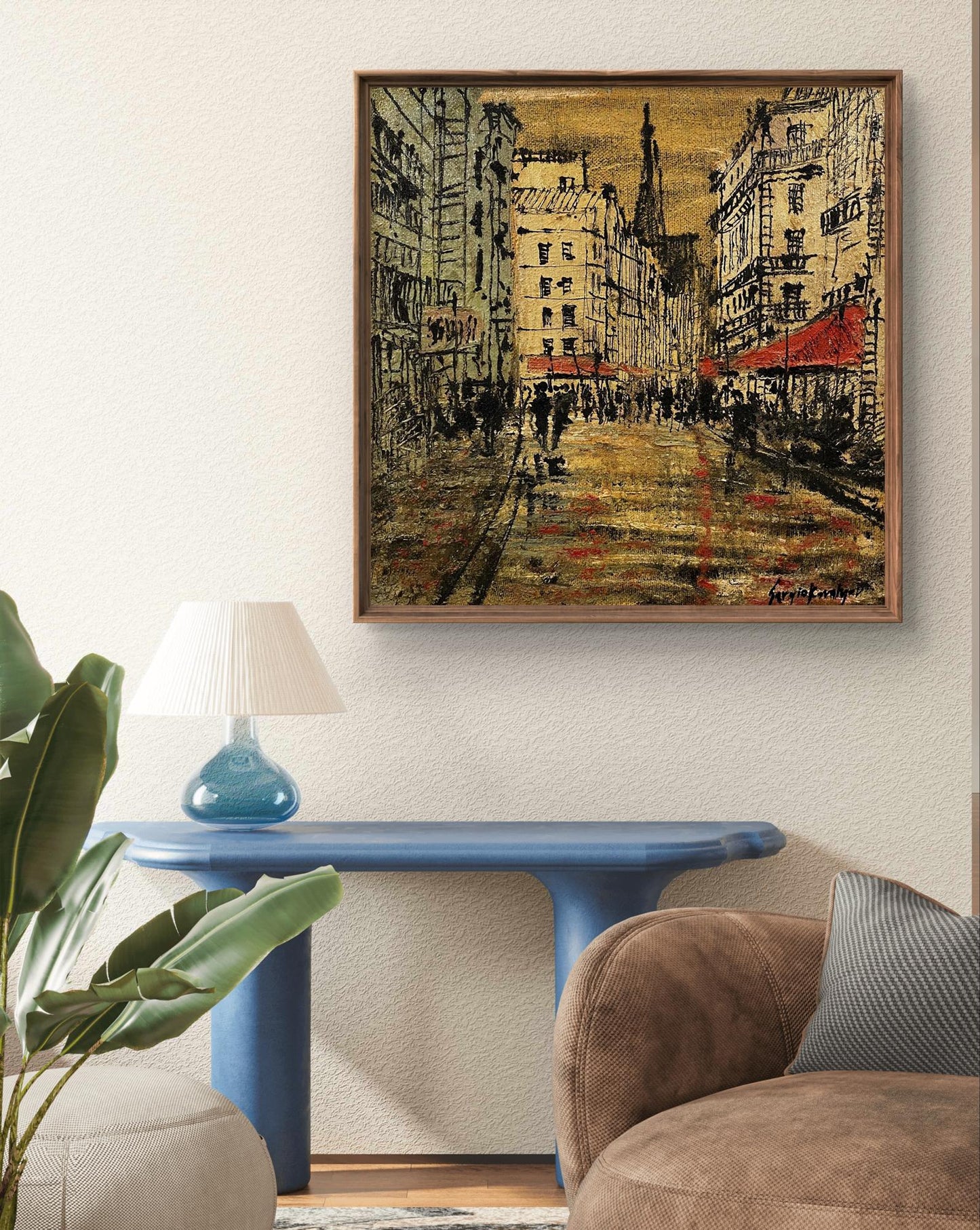Oil painting Super romance Serhiy Kovalev urban street scene in warm tones