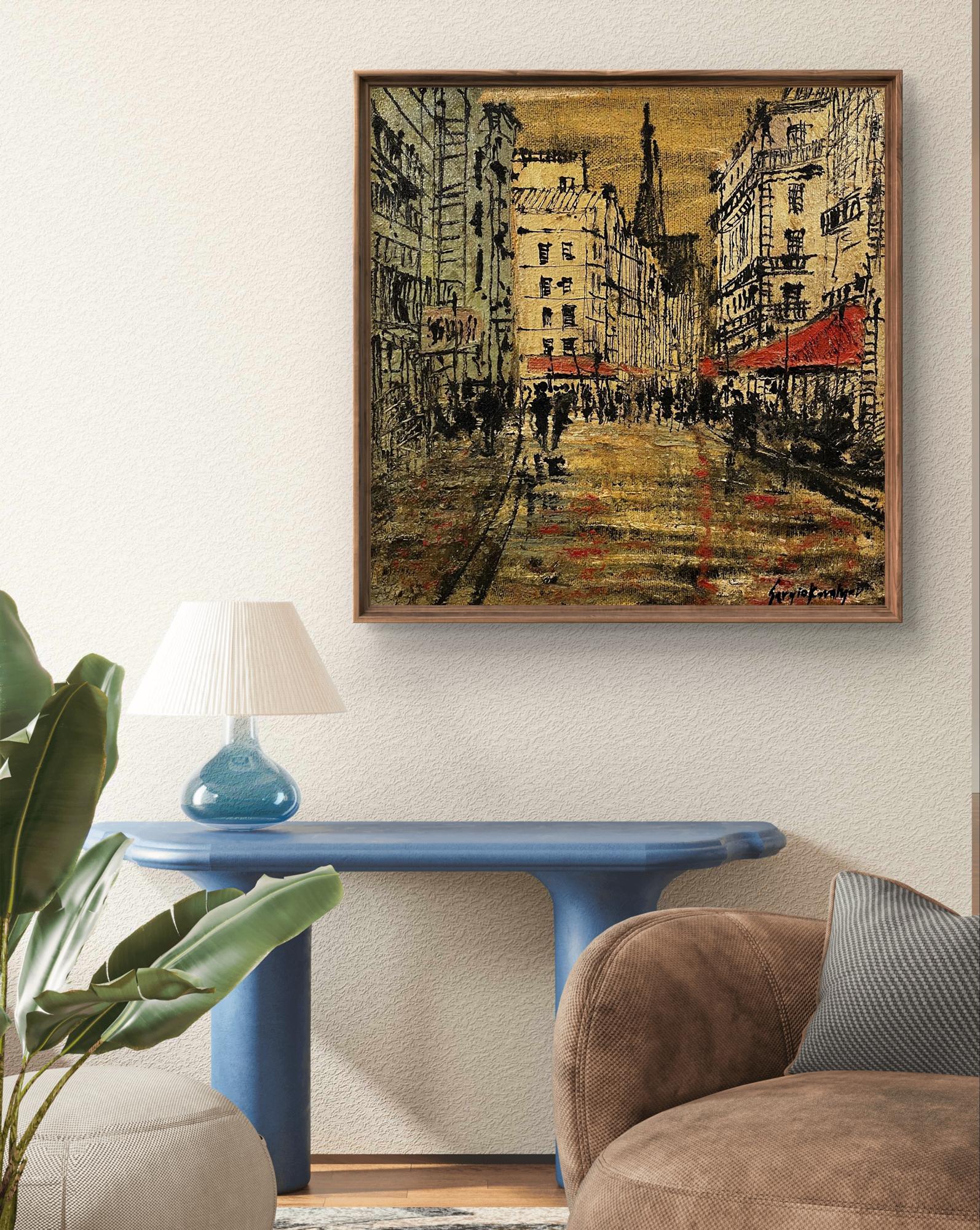 Oil painting Super romance Serhiy Kovalev urban street scene in warm tones