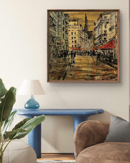 Oil painting Super romance Serhiy Kovalev urban street scene in warm tones