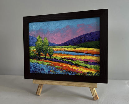 Oil painting Gentle pink sunset by V. Zadorozhnya in wooden frame