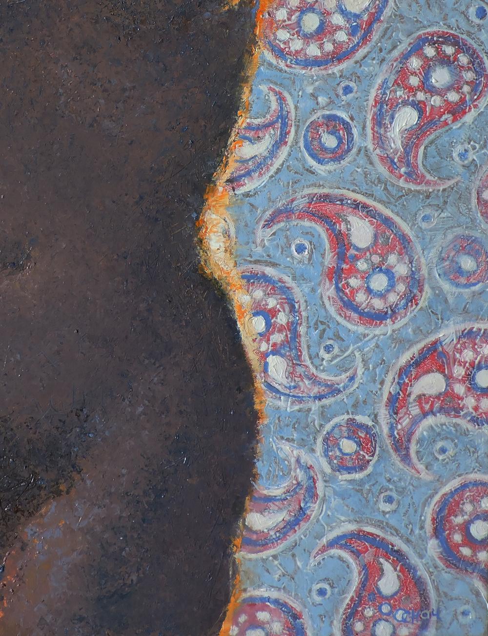 Oil painting portrait of female figure Oksana Osnach on vibrant blue paisley fabric