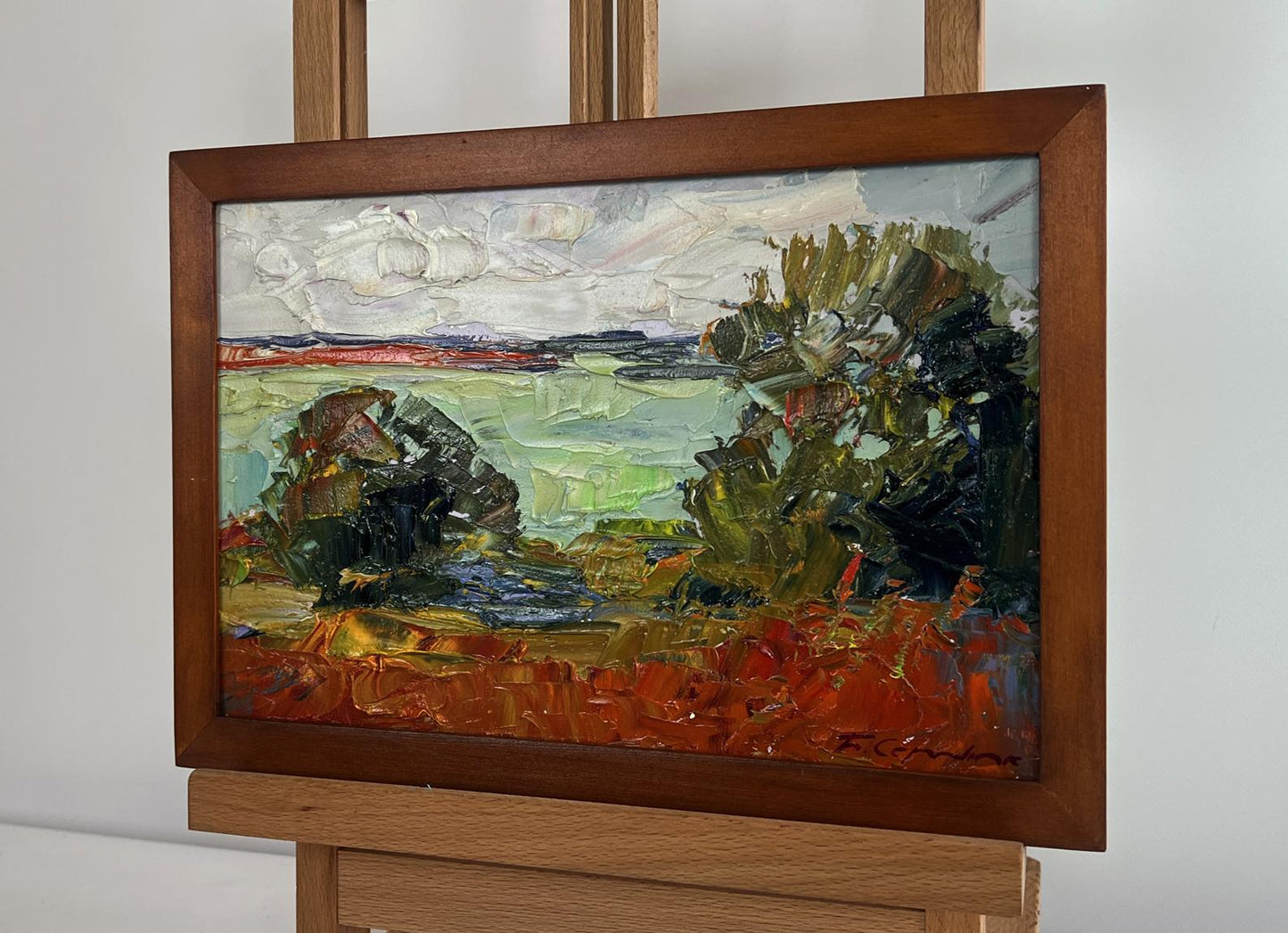 Oil painting Autumn Days by the River by Boris Serdyuk in wooden frame