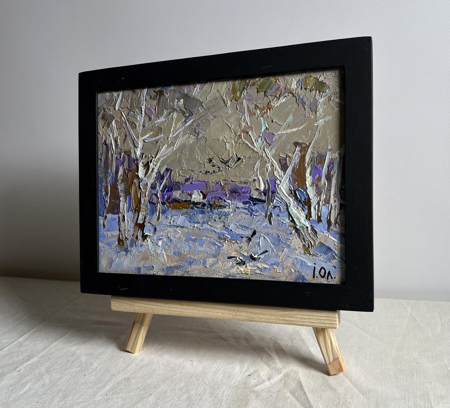 Framed Oleksiy Ivanyuk Snowy path to the village oil painting in purple blue white impasto