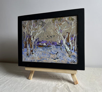 Framed Oleksiy Ivanyuk Snowy path to the village oil painting in purple blue white impasto