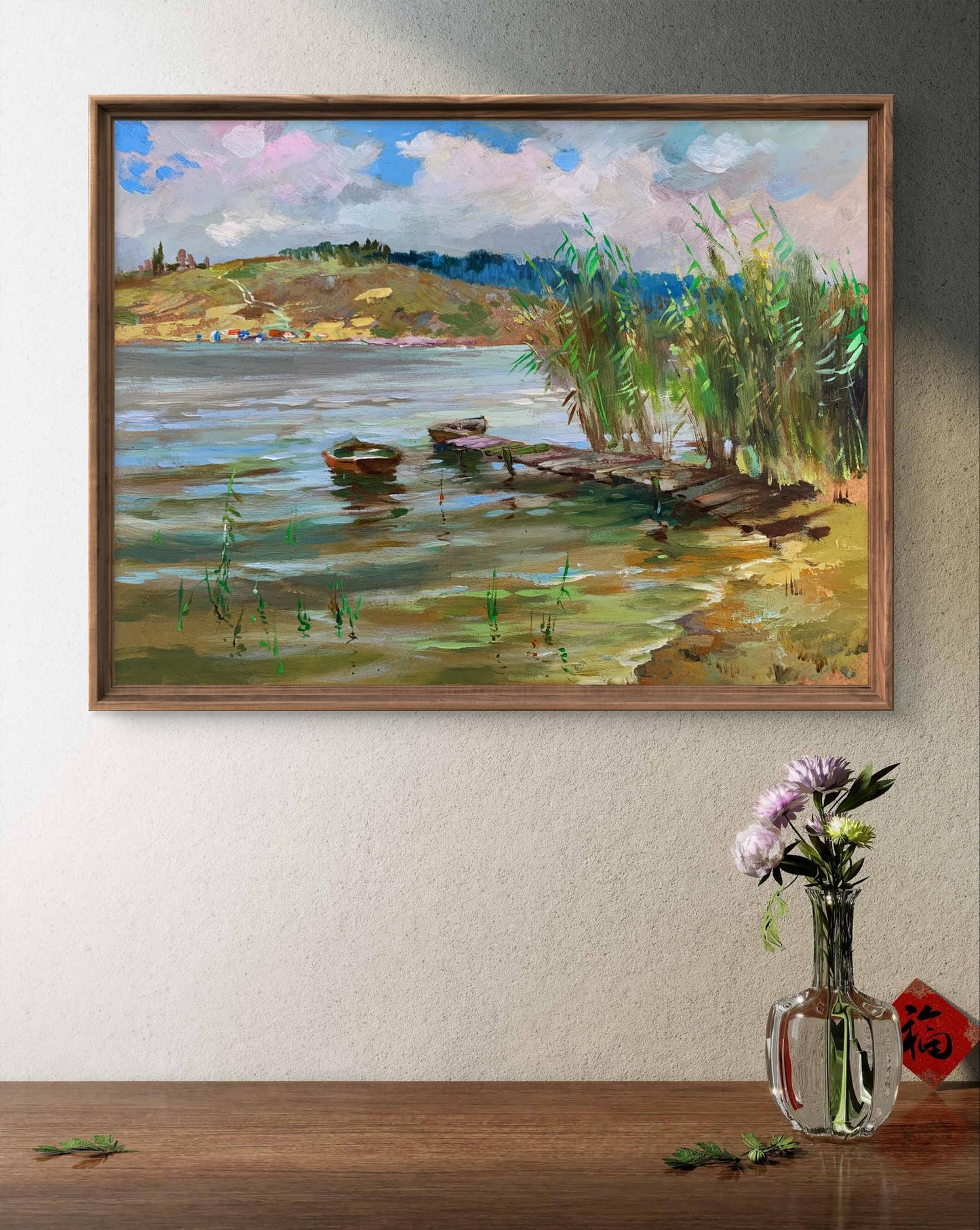 Framed impressionistic Oil painting Covered in clouds by Yuriy Suprunchuk with serene lake